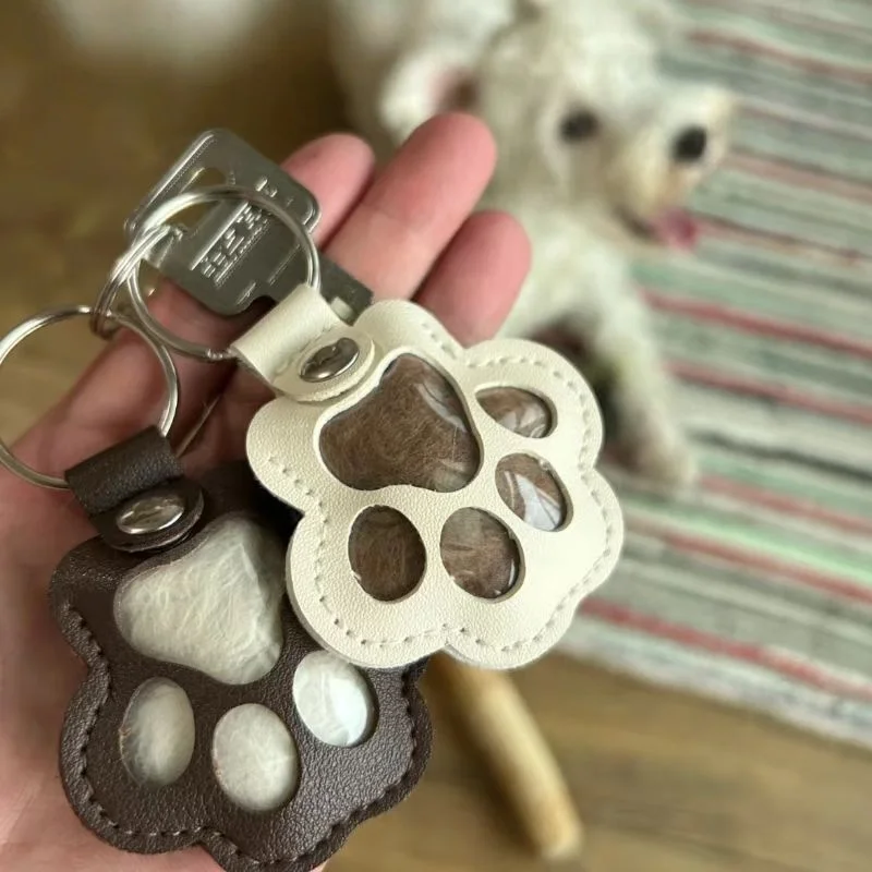 Pet Paw Print Leather Keepsake AirTag Case, Dog Cat Fur Storage Holder with Key Ring, Protective Cover for  Tracker, Cute Memori