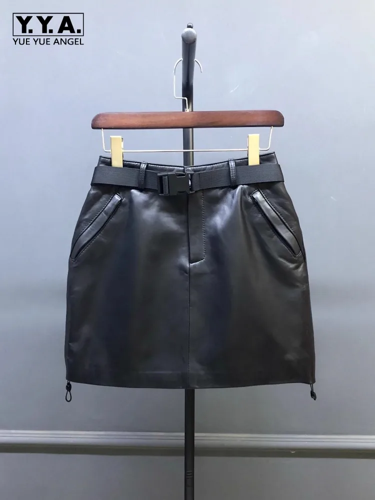 

High Street Casual Women Genuine Leather Skirt Elastic Waist Sashes Fashion Cargo Mini Skirts Black Sheepskin A Line Skirts 4XL