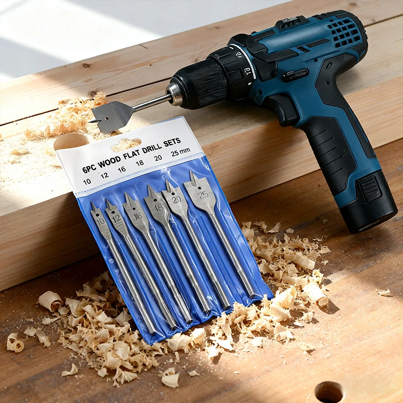 6-Piece Set Natural Color Three Pointed Flat Drill Hexagonal Handle Woodworking Hole Opener Wooden Board Drilling Bit Tool Set