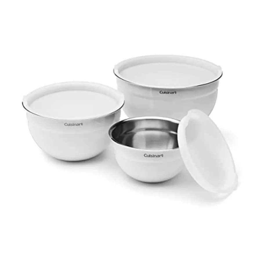 

Kitchen mixing bowls set of 3: white painted stainless steel, with lids, for home cooking and baking