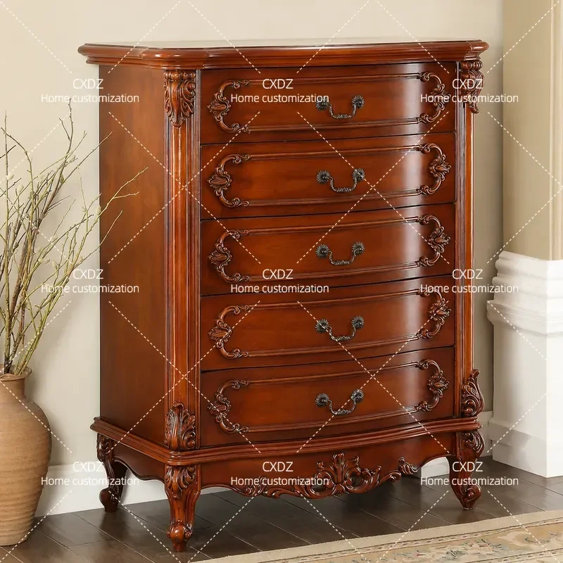 Solid Wood Chest of Drawers Retro Pastoral Style Storage Cabinet with Multiple Drawers European American Vintage Bedroom