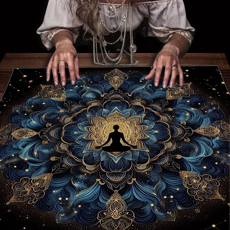 Bohemian Mandala Yoga Mat Tablecloth Spiritual Meditation Art Dark Blue Cosmic Design