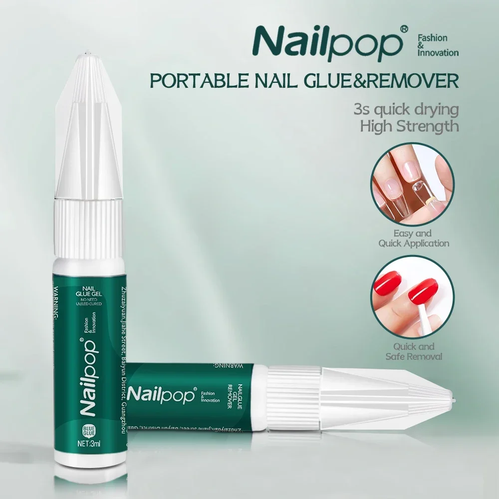 Nailpop 3ml Strong Nail Glue with Quick Nail Glue Remover Professional Nail Art Long-Lasting Glue for Nail Extension Home DIY