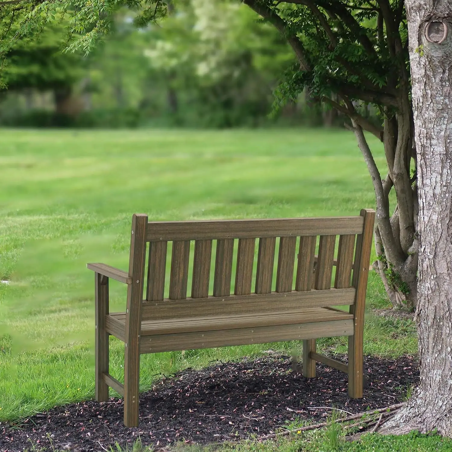HDPE Outdoor Bench Patio Seating 800 Lbs Capacity, Weathered Brown | 2-Person Weatherproof Heavy Duty Poly Lmuber Furniture Memo