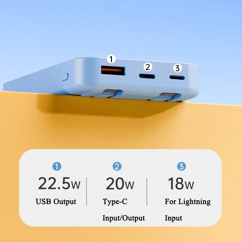 Banco de energia sem fio com suporte de cabo embutido, grande capacidade, carregamento super rápido, fonte de alimentação móvel, sucção magnética, 50000mAh, novo