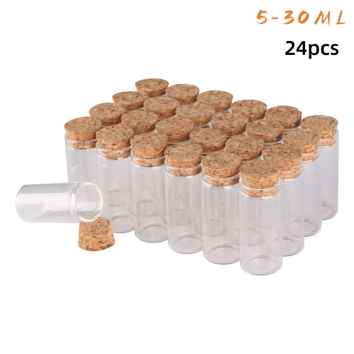 24pcs/lot 5ml 7ml 10ml 14ml 18ml 20ml 25ml 30ml Glass Test Tube with Cork Stopper Message Bottles Jars Vials Gift Art DIY Crafts