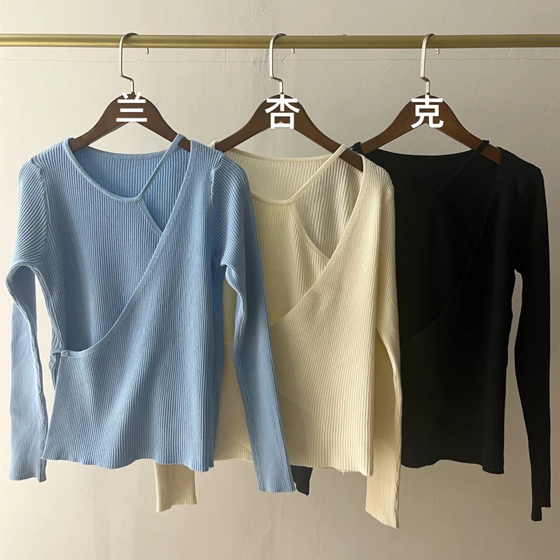 Fake Two Pieces Top Women Knitwear Long Sleeve Slim Knitted Bottoming Shirt