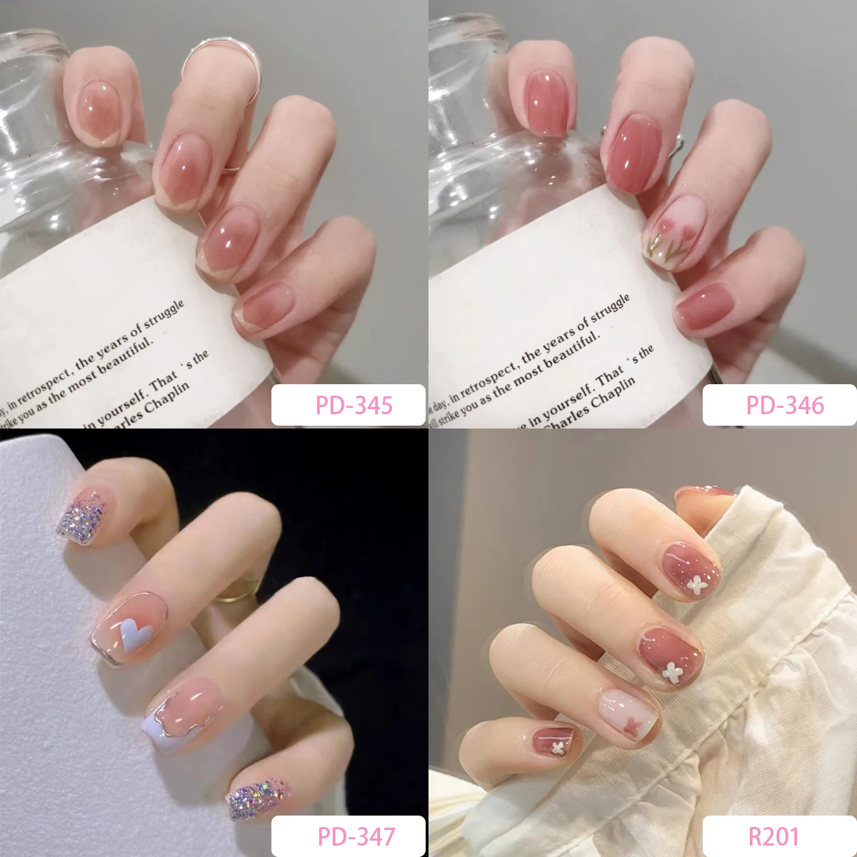 

4 Boxes/Lot (96) Nude Colors with Flower Fake Nails Removable False Nails Full Coverage Waterproof Press On Nail Set Decoration