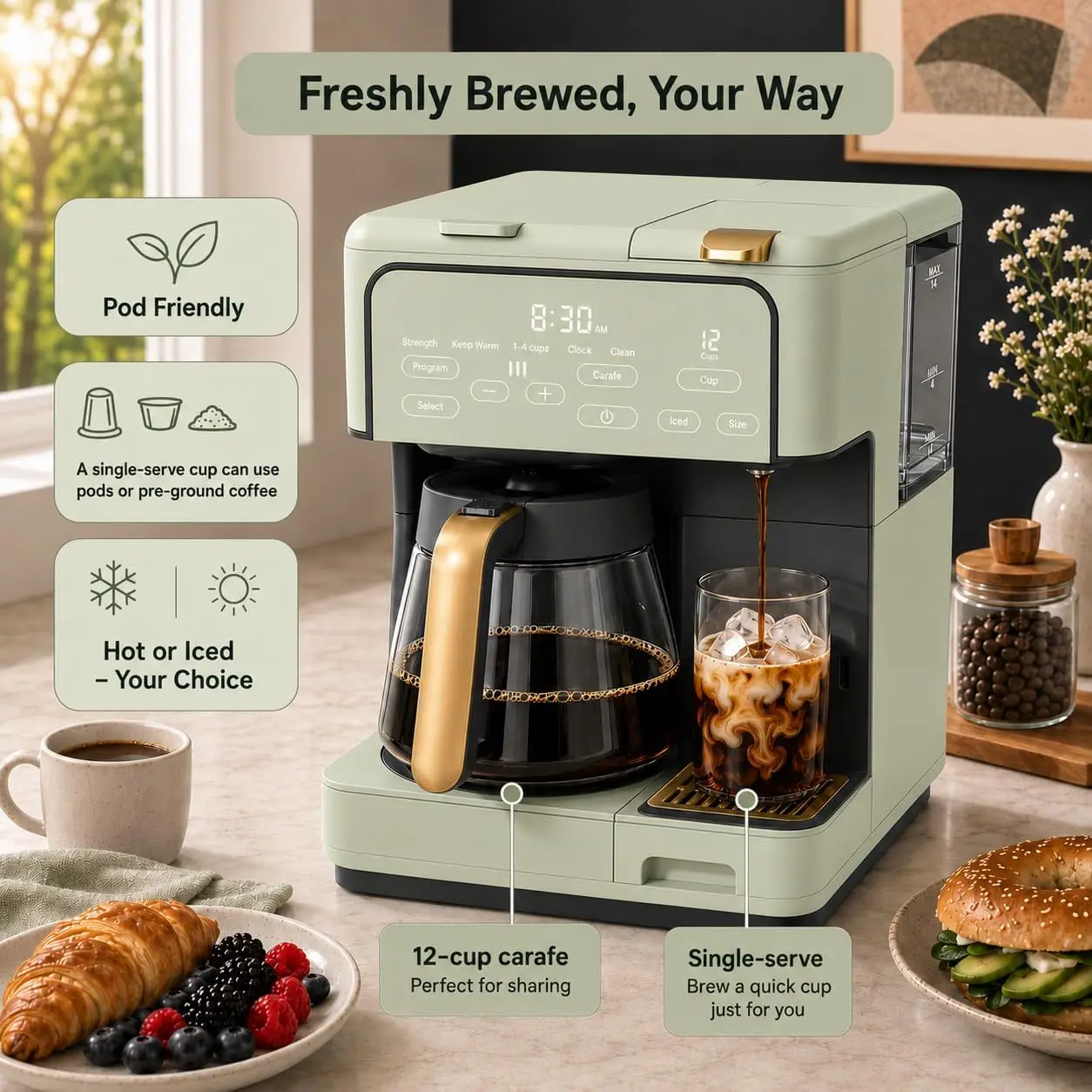 Multi-Brew Coffee Maker – 12-Cup Carafe & Single-Serve Pod or Grounds, Iced Coffee Mode, Programmable Touch Display, Includes Fi