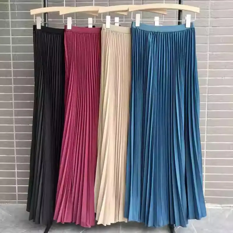 2024 Women Elegant Pleated Skirt High Waist Women Long Skirt Female Ladies High Quality Women Midi Skirt Black Saia