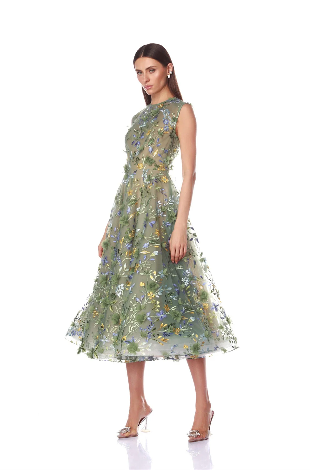 فستان كاثي مخصص باللون الأخضر برقبة دائرية ومطرز رائع للحفلات الراقصة بدون أكمام وسحاب خلفي من vestidos de noiva على شكل حرف a بطول الشاي Foraml 2025