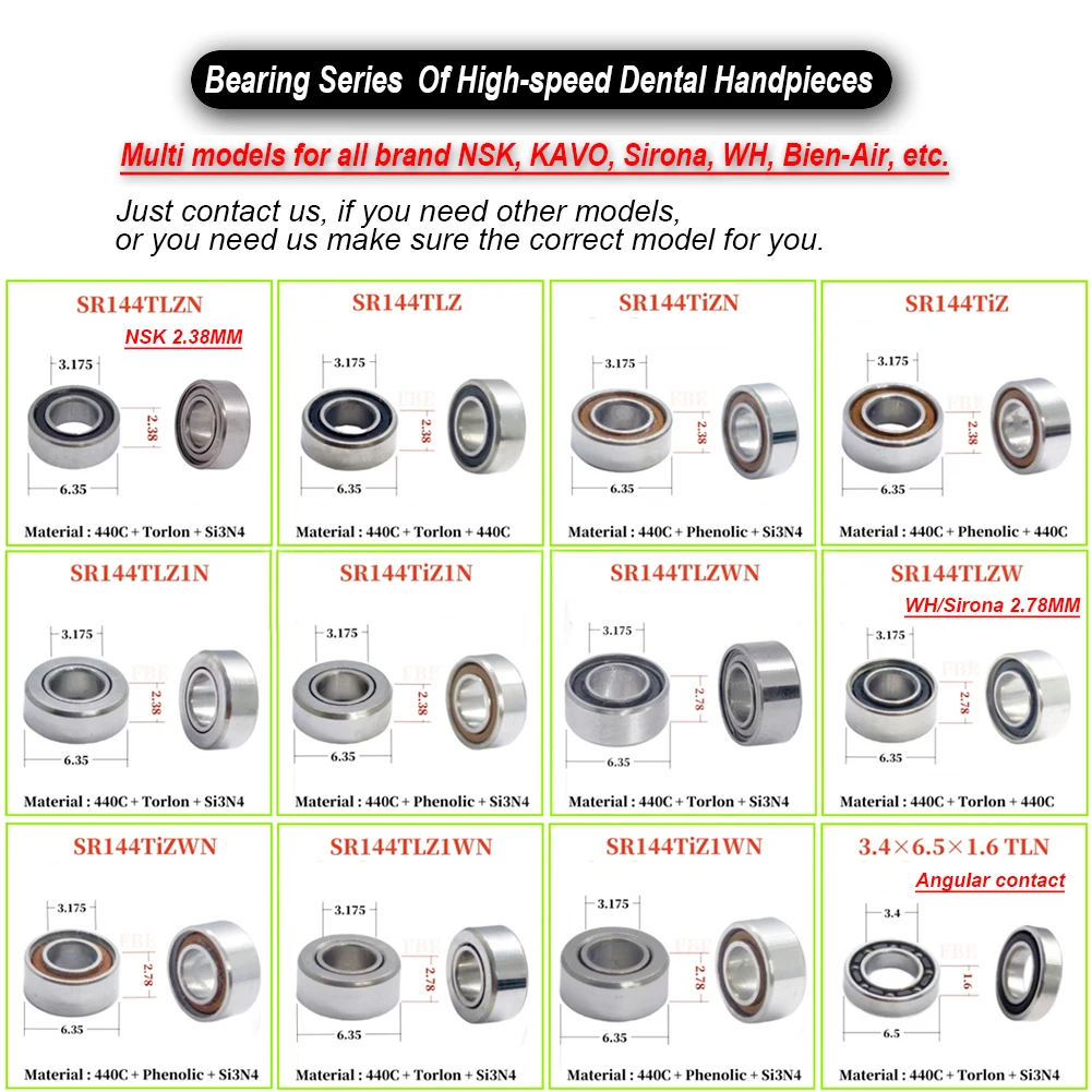 10Pcs Dental Handpiece Ceramic Bearing All Sizes NSKK Sirona Bien-Air COXO High Speed Air Turbine Cartridge Step Flange Bearing