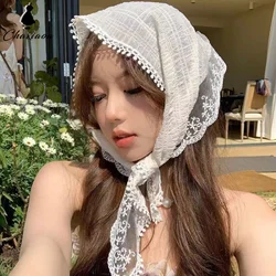 French Lace Floral Headscarf Flower Elegant Lace Female White Sweet Triangle Scarf Thin Breathable Ribbon Artistic Travel Photo