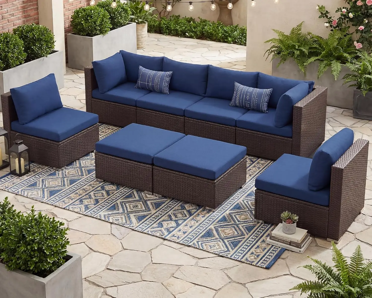 8-Person 8-Person Outdoor Sectional Sofa, 29.3in High Back Wicker Patio Furniture, Large Rattan Seating, Brown & Navy Cushion, Customized - Aliexpress Deal