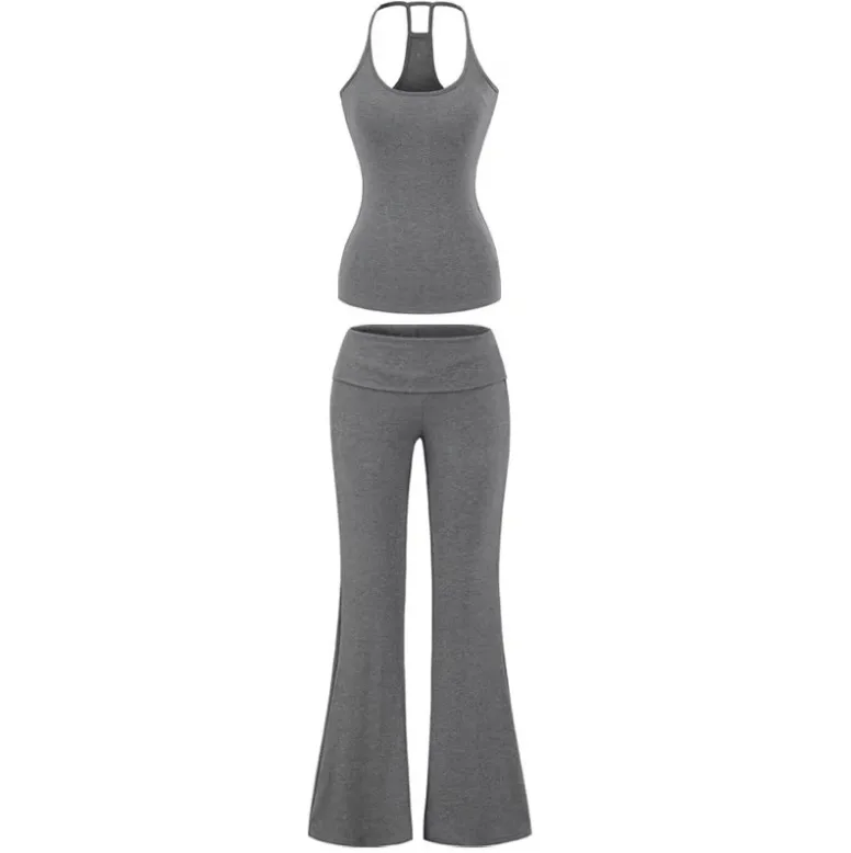 

Summer Korean Fashion Office Lady Two Piece Sets Halter Base Tops Support Sports Top High Waist Fitness Exercise Yoga Pants