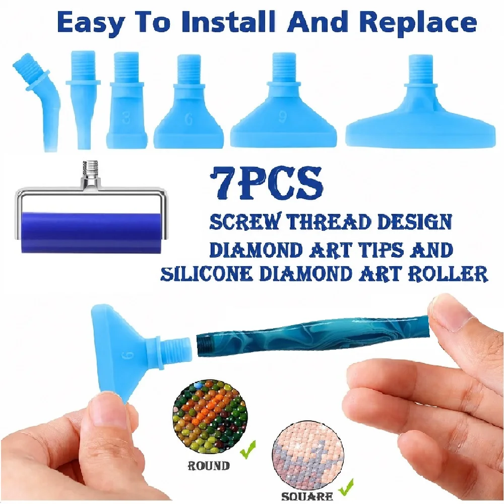 DIY diamond painting tool set, includes threaded interface elbow/1/3/6/9 scraper replacement heads, 50 cleaning cloths, with roller, storage tray, and silicone pad, suitable for adult 5D diamond painting tool accessori view 6