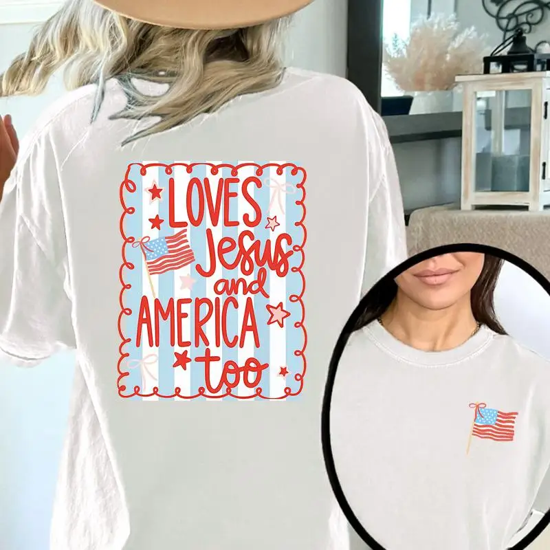 

"Loves Jesus and America Too T-Shirt for Women | Christian Faith & Patriotic Graphic Tee | 4th of July Religious Gift"