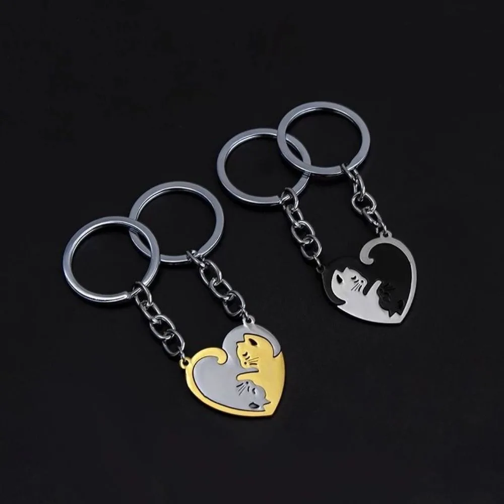 1 Pair New Black Cat Couples Keychain Patchwork Hanging Car Key Ring Heart Stainless Steel Lovers Key Chain