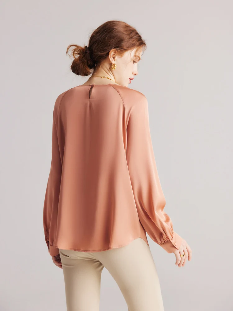 SuyaDream, Women Chic Blouses, 90%Silk 10%Spandex, Round Collar Plain Shirts, 2024 Spring Summer Raglan Sleeves Top