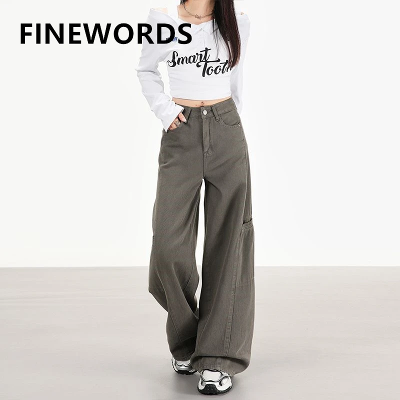

FINEWORDS Vintage High Wais Gray Jeans Women Casual Wide Leg Denim Pants Easymatch Korean Full Length Baggy Jeans