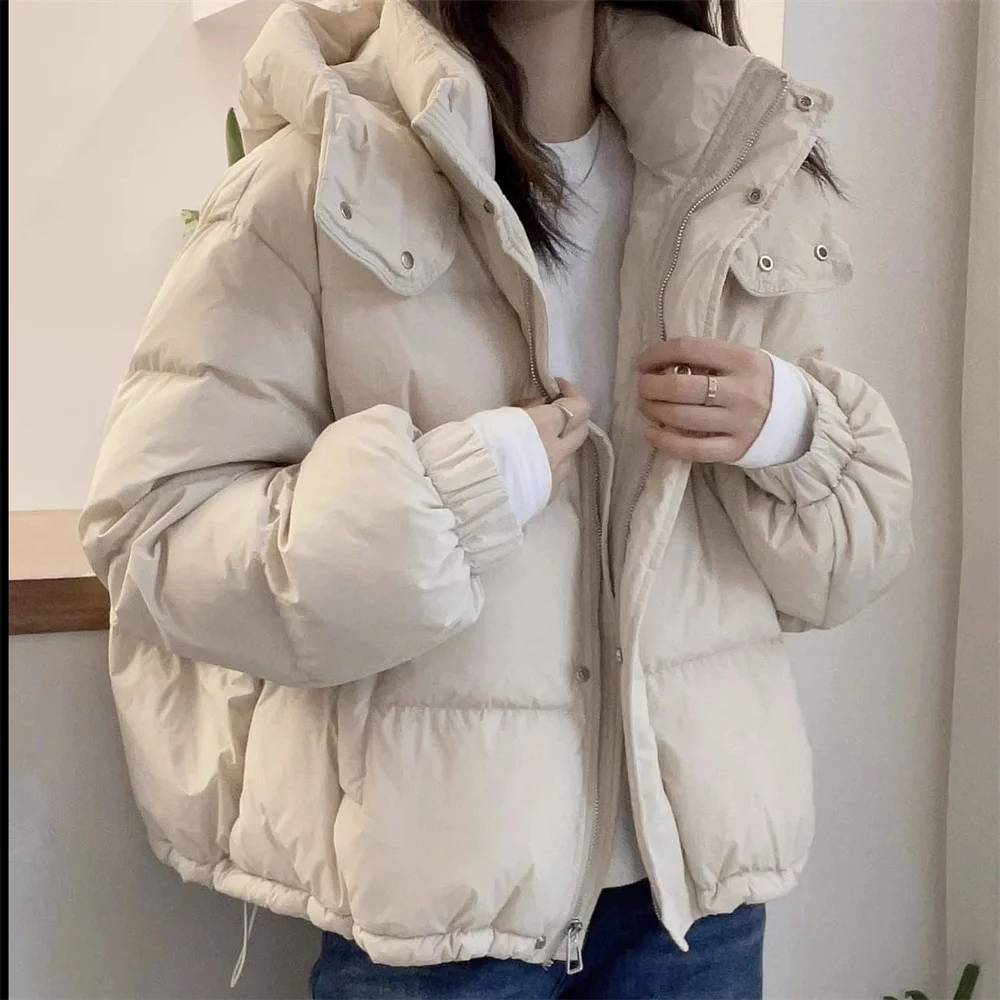 

2025 Women Korean Cotton Parkas Hooded Winter Oversize Coat Thick Warm Loose Puffer Female Solid Fashion Zipper Outwear