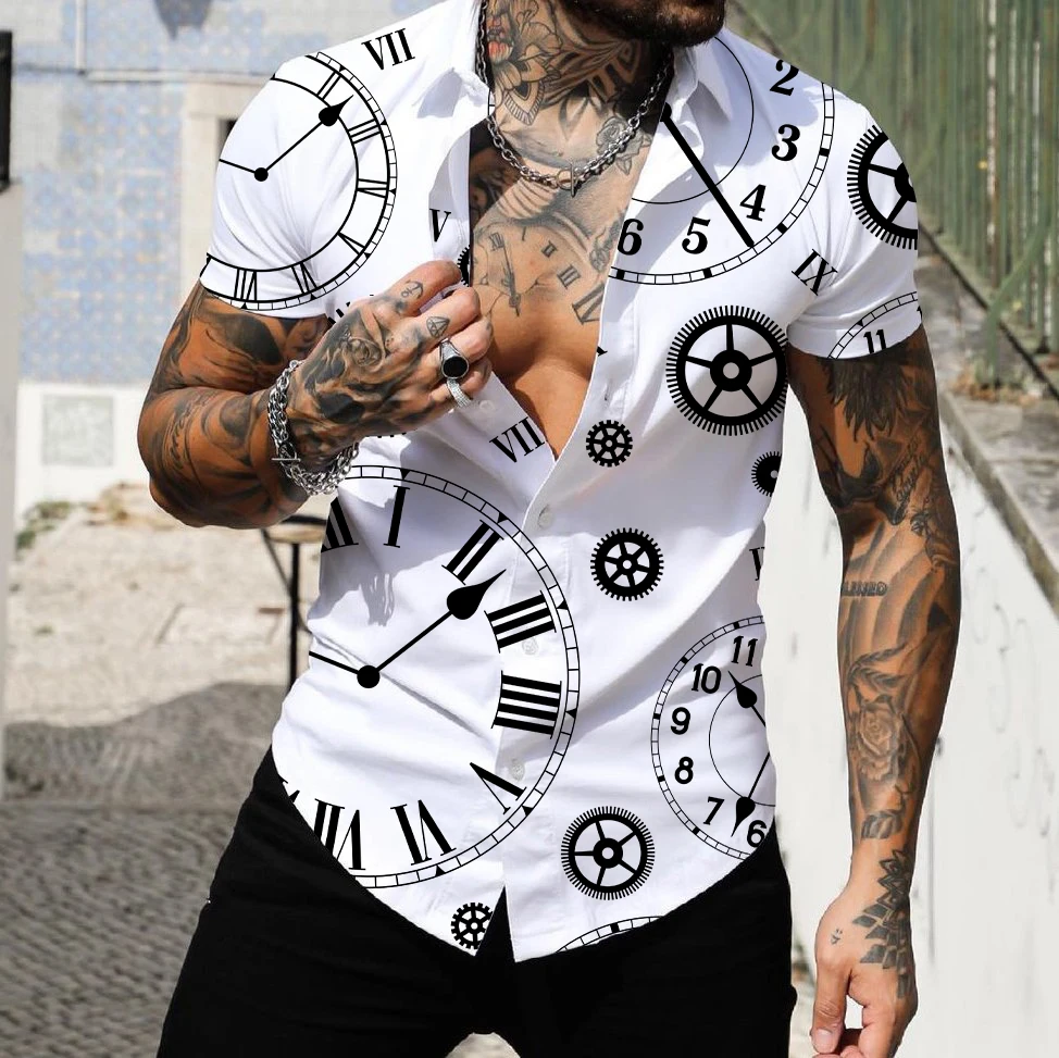 2022 Men\'s Shirts Lapel Tops Fashion Men\'s Hawaiian Shirt Short Sleeve Streetwear 3d Print Striped Patchwork Male Clothes Beach