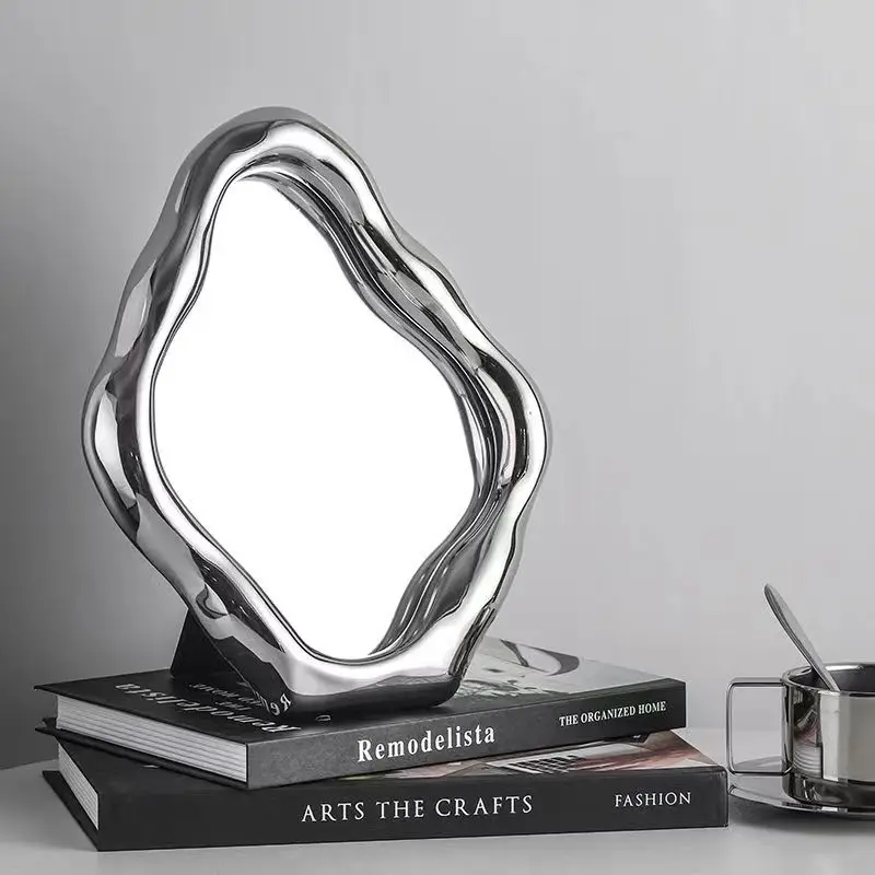 Luxury Irregular Desk Mirror For Bedroom Deorative Bathroom Makeup Mirror Ceramic Compact Standing Mirror Aesthetic Room Decor