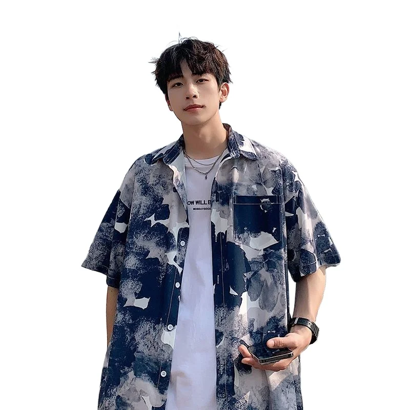 Shirts 140KG Beach Shirt Hong Kong Style Summer Male or Female Short-sleeved Senior Wear Fashion Printed Ice Silk Coat Couples