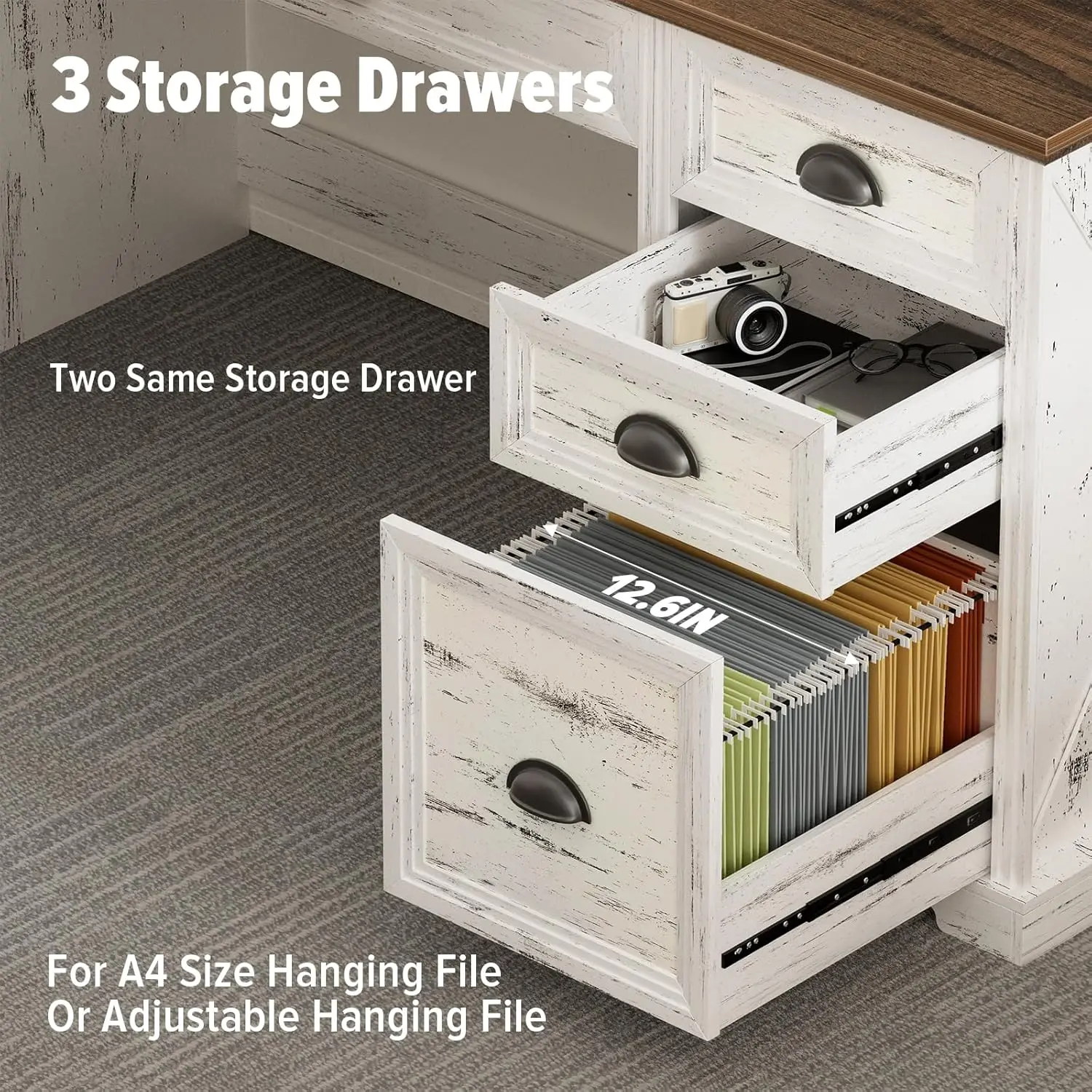 Computer Desk with Monitor Stand, Wooden Home Office Desk with LED Lights Power Outlets, 47 inch Workstation with Storage for Wo