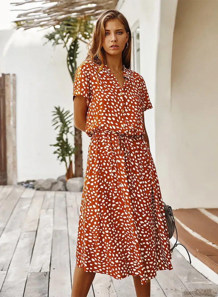 Vintage Floral Print Kleid Frauen Boho Kurzarm Langes Kleid Drehen Unten Kragen Casual Bund Hemd Kleider Robe Sommer M5H1