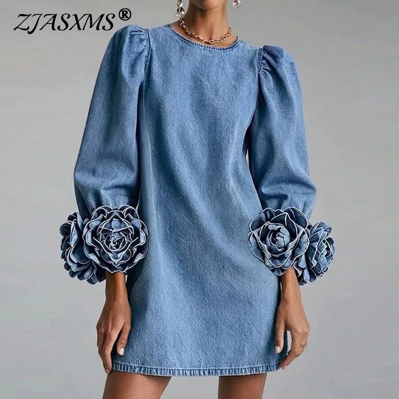 round dresses for ladies Loose Solid 3D Flower Mini Dress Neck Puff Long Sleeve Floral Cuff Shift Dress Elegant Street Casual Dating Jiji