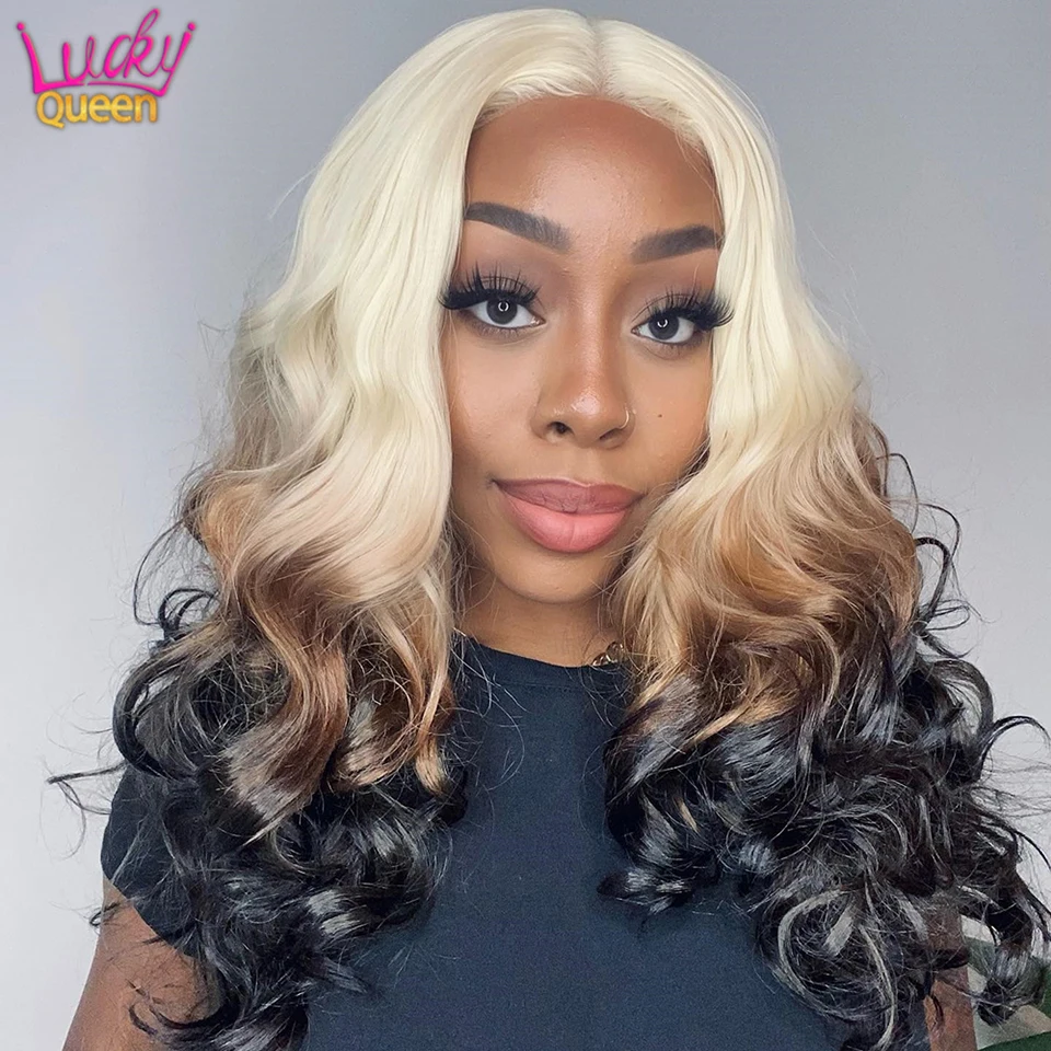 

13x4 13X6 Transparent Lace Front Wig Human Hair 613 4 1B Ombre Color Wig 180% Body Wave Pre Plucked With Baby Hair for Women