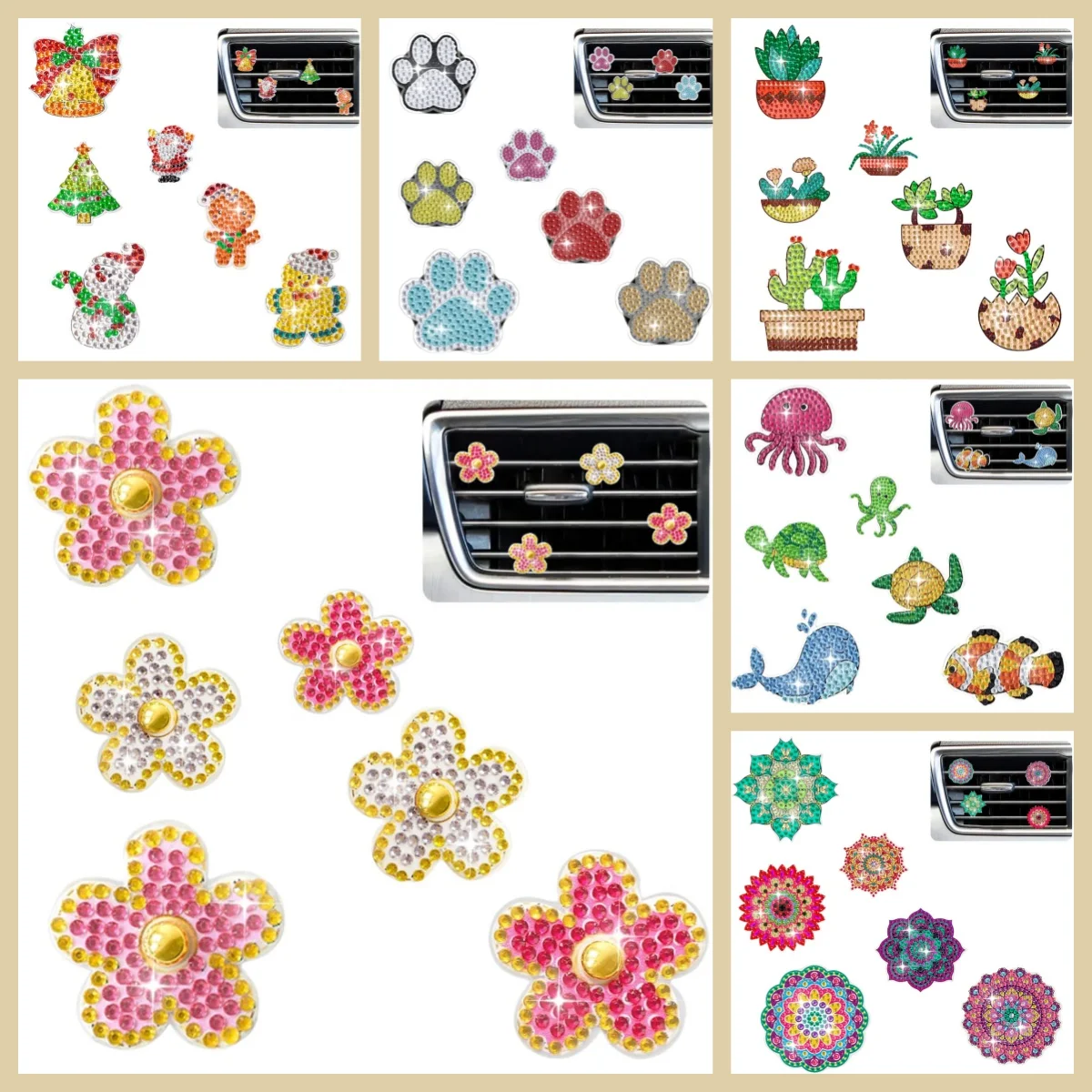 6 DIY Blumen-/Tier-Diamantmalerei-Sets, Acryl-Kristall-Strass Auto-Dekorationen