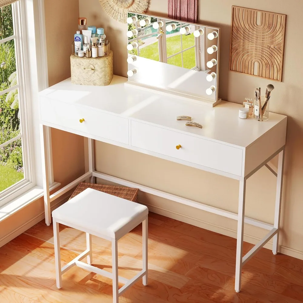 43-inch White Desk with 2 Drawers and Padded Stool, Modern Makeup Vanity Desk, Computer Desk with Storage