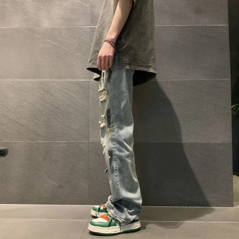 High Street Men's Speckled Graffiti Jeans with Broken Holes, European and American Hiphop Pants, Straight Leg Pants