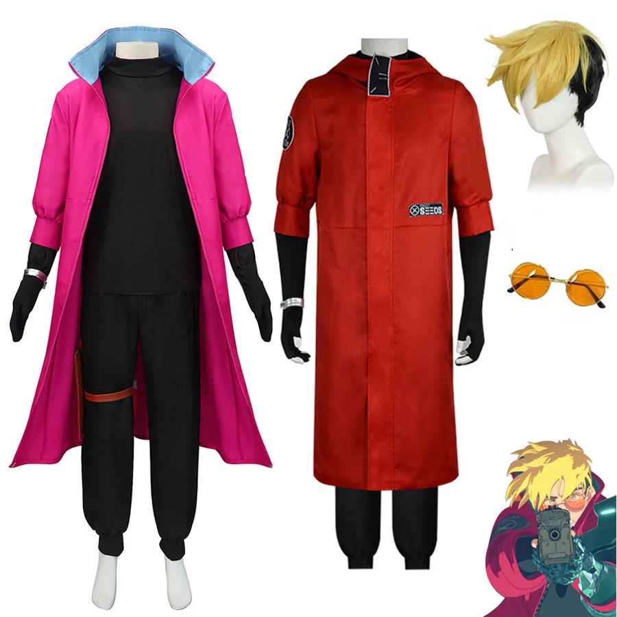 Vash the Stampede Anime Cosplay Costume pour hommes, Trigun Coat, Pantalon Uniforme, Lunettes trempées, Vêtements de fête d'Halloween, Tenues