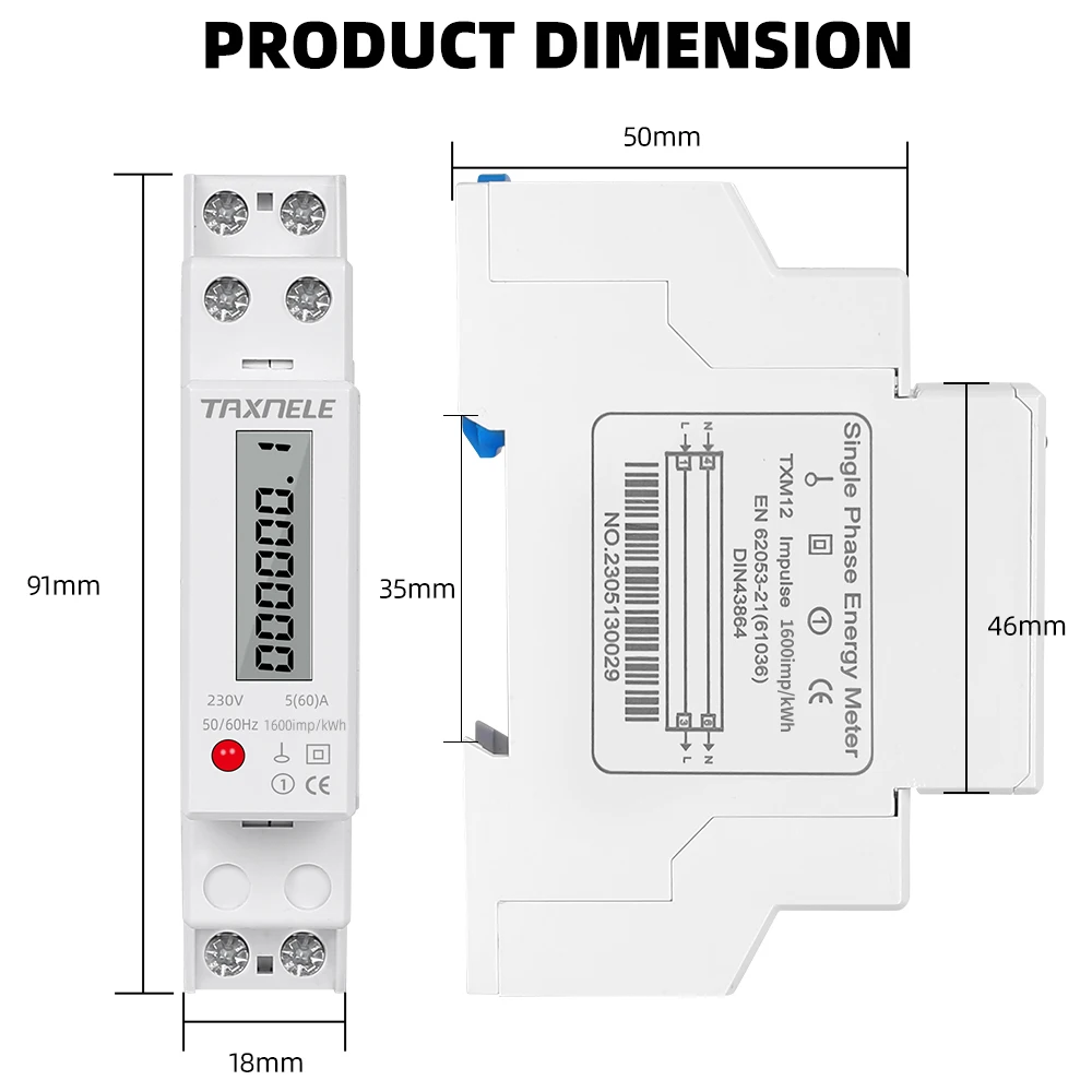 18mm Single Phase 1P 2 Wire Digital Wattmeter Power Consumption Analog Energy Meter kWh AC 230V 50Hz LCD Electric Din Rail Mount