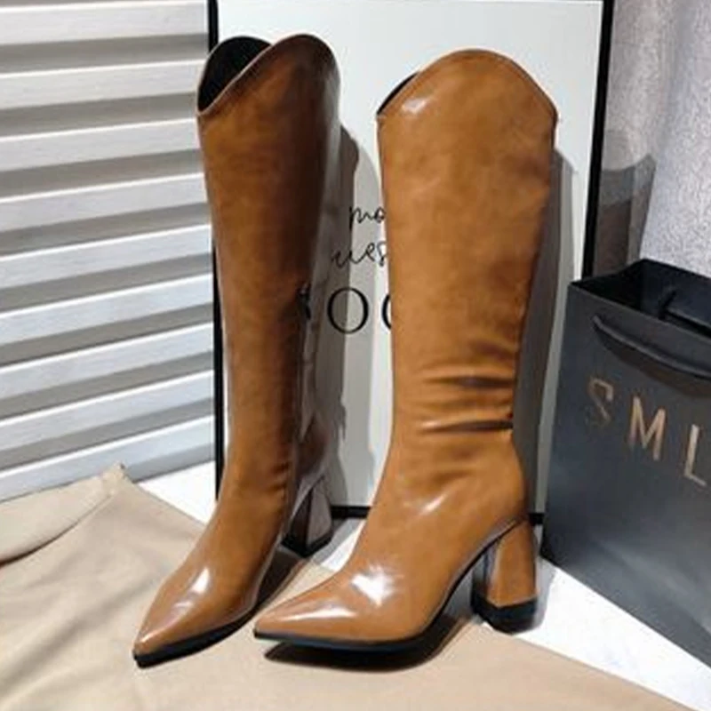 

Knee High Women's Boots High Heels Fashion Pointed Toe Shoes Chunky Designer Dress Pumps 2025 Winter Luxury Mujer Chelsea Boots