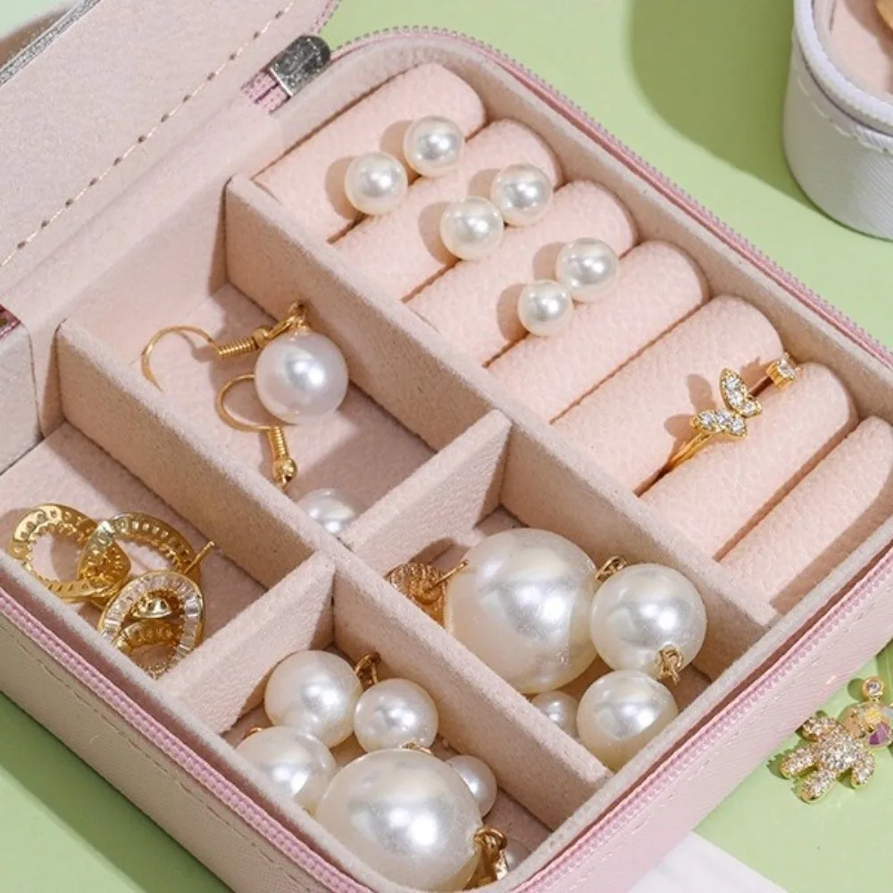 

Mini Waterproof Portable Jewelry Box with Mirror Square Jewelry Storage Box Zippered Closure Necklace Ring Box Travel
