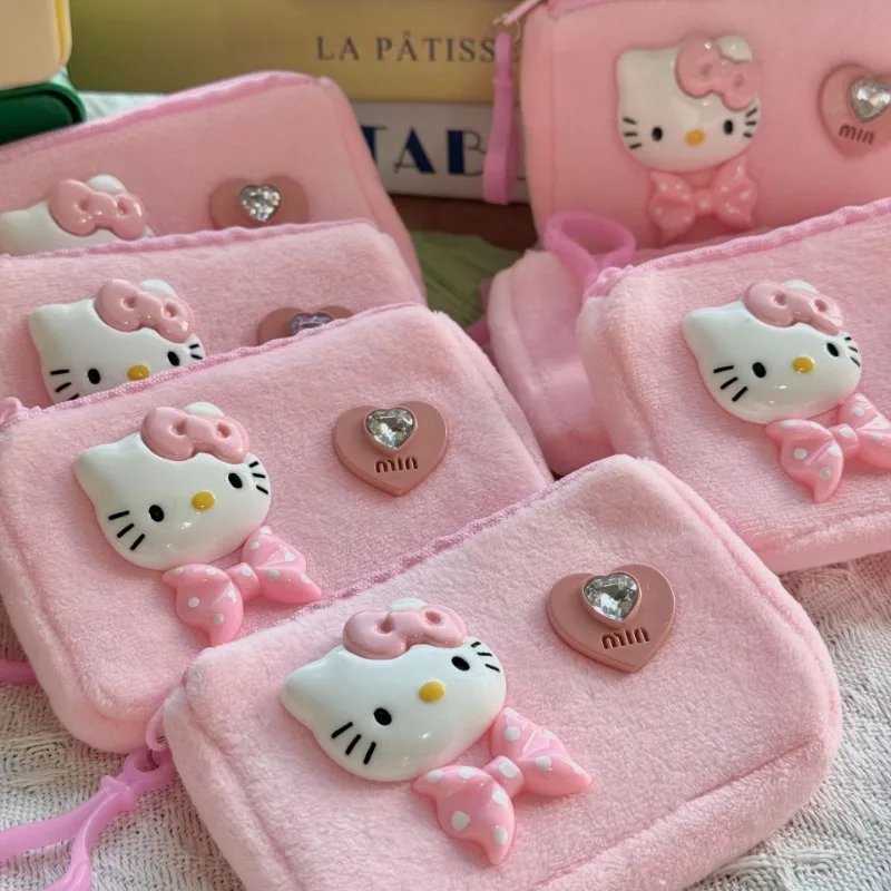 Mininstants Sanurgente-Porte-monnaie en peluche rose mignon pour femme, porte-cartes, pendentif, mini sac à main, cadeau pour enfant, coeur Girly, Hello Kitty