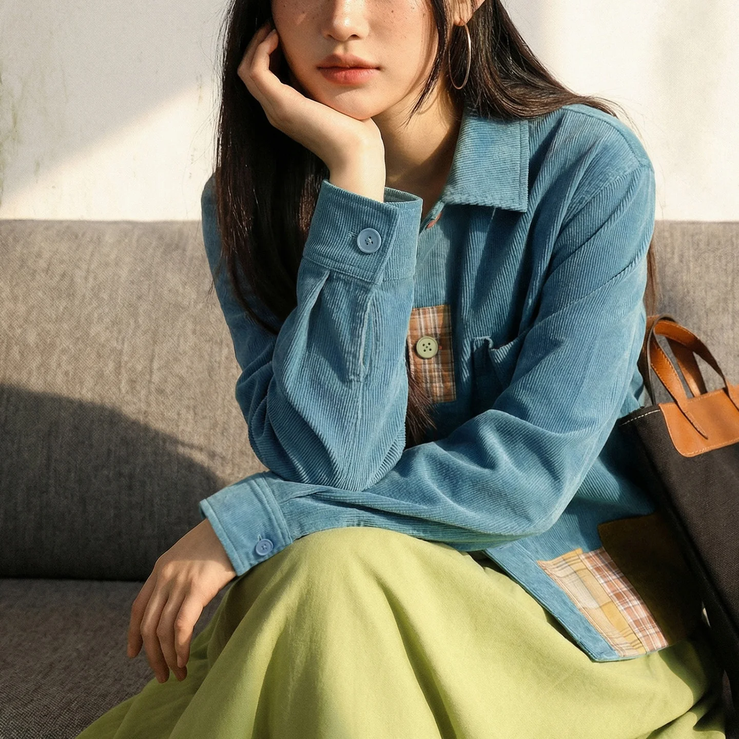 Women's Corduroy Shirt Jacket - Lake Blue Plaid Contrast Panels