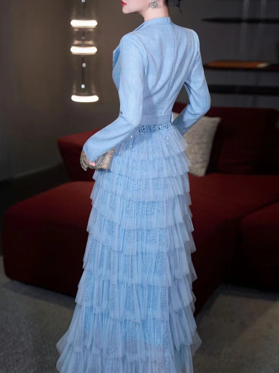 Vgh escritório elegante retalhos lantejoulas vestidos para mulheres lapela manga longa cintura alta emendado em camadas malha festa bolo vestido feminino