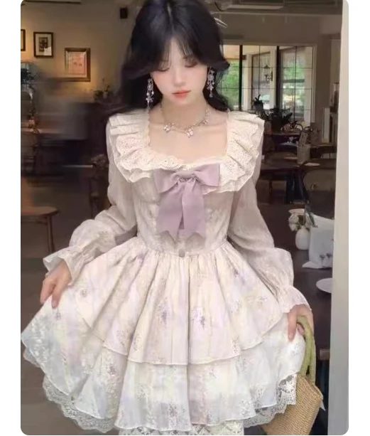 ชุดเดรสเจ้าหญิงสไตล์ฝรั่งเศส ไซส์ใหญ่ สำหรับฤดูใบไม้ร่วงและฤดูหนาว ดีไซน์หวานละมุน แต่งโบว์ คอเหลี่ยม แขนยาว ทรงเค้ก แฟชั่นเอวสูง