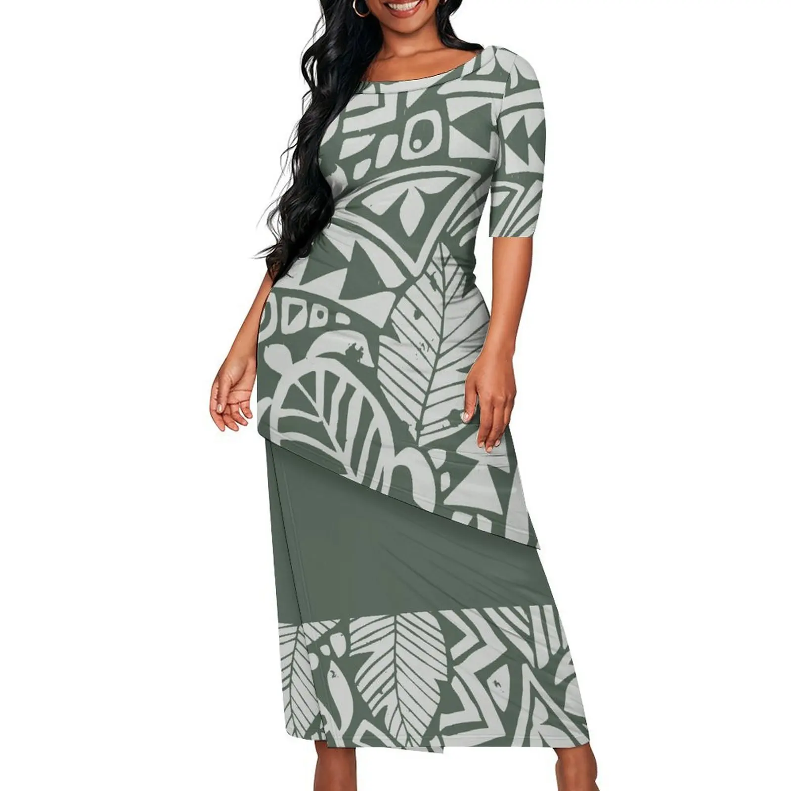 Puletasi manga de comprimento médio com costura na cintura e bainha alargada – Conjunto de saia de camada dupla polinésia feita sob medida para mulheres