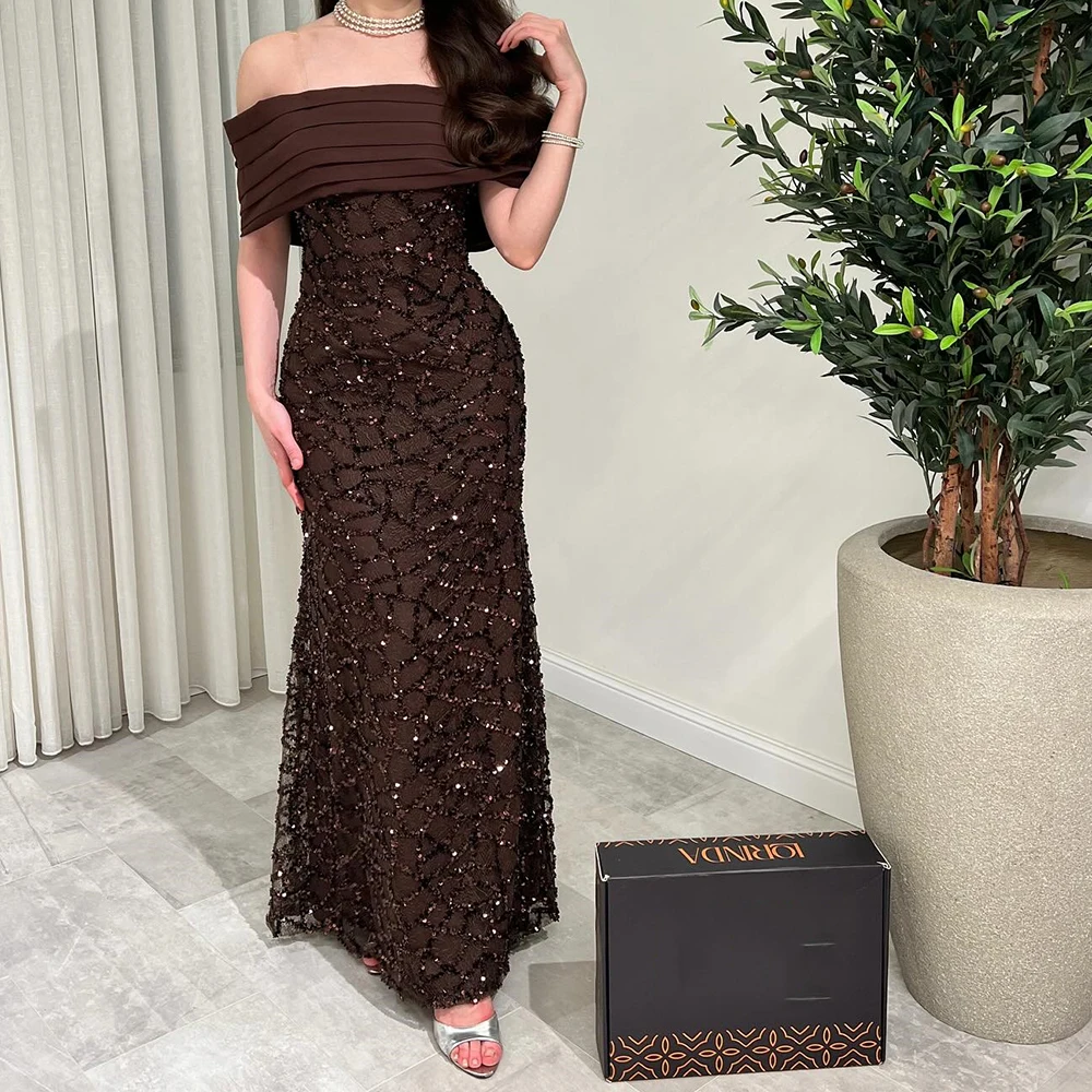 

Customized A-line Evening Dresses Floor-length Off The Shoulder Sleeveless Prom Gown Fashion Sequined Pleat Backless Party Gown