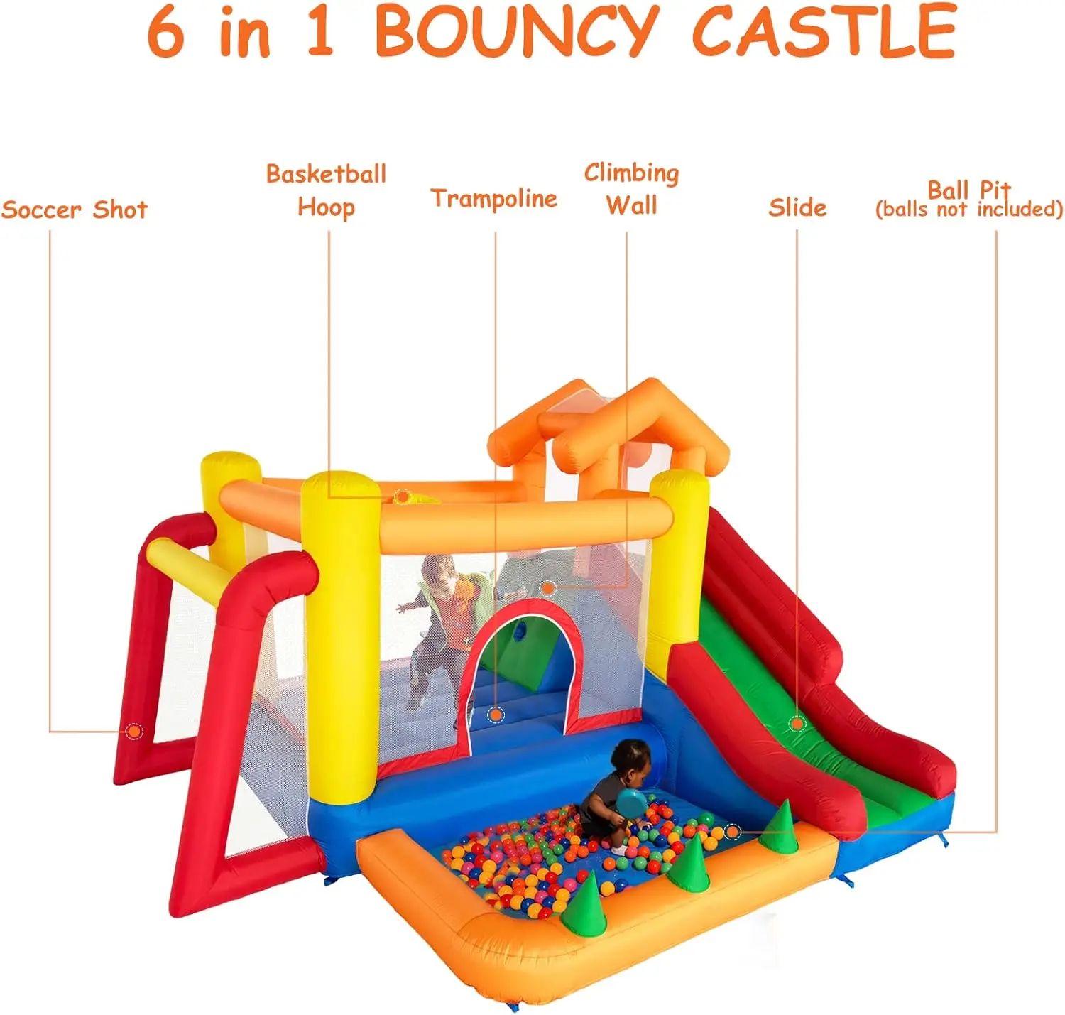 6 in 1 Inflatable Bounce House with Slide and Ball Pit for Kids, Trampoline, Climbing, Water Pool, Soccer Goal and Baske