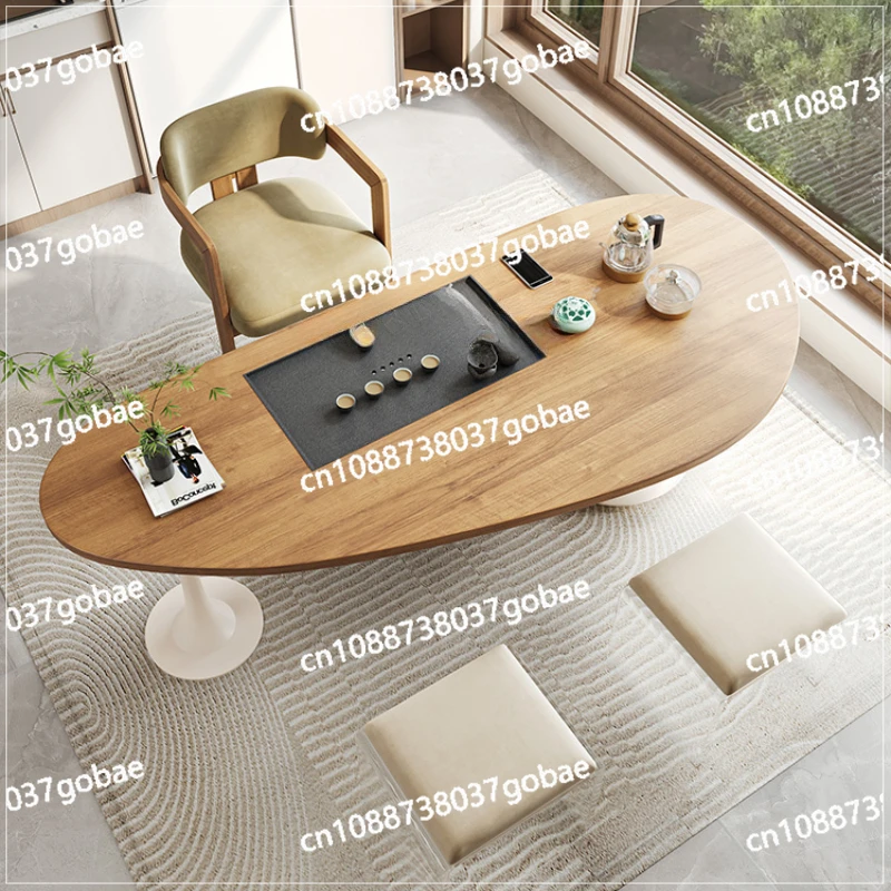 ZC creative solid wood tea table  office dining table integrated dual-purpose log board tea table and chairs