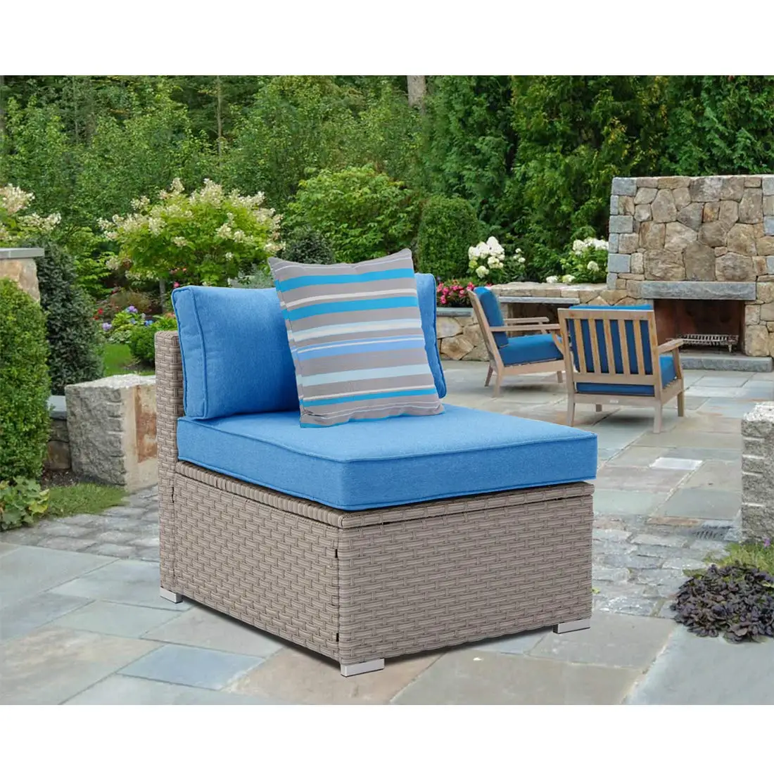 Warm Gray Wicker Armless Chair Blue Cushion Stripe Pillow Outdoor Garden Pool Backyard, Customized