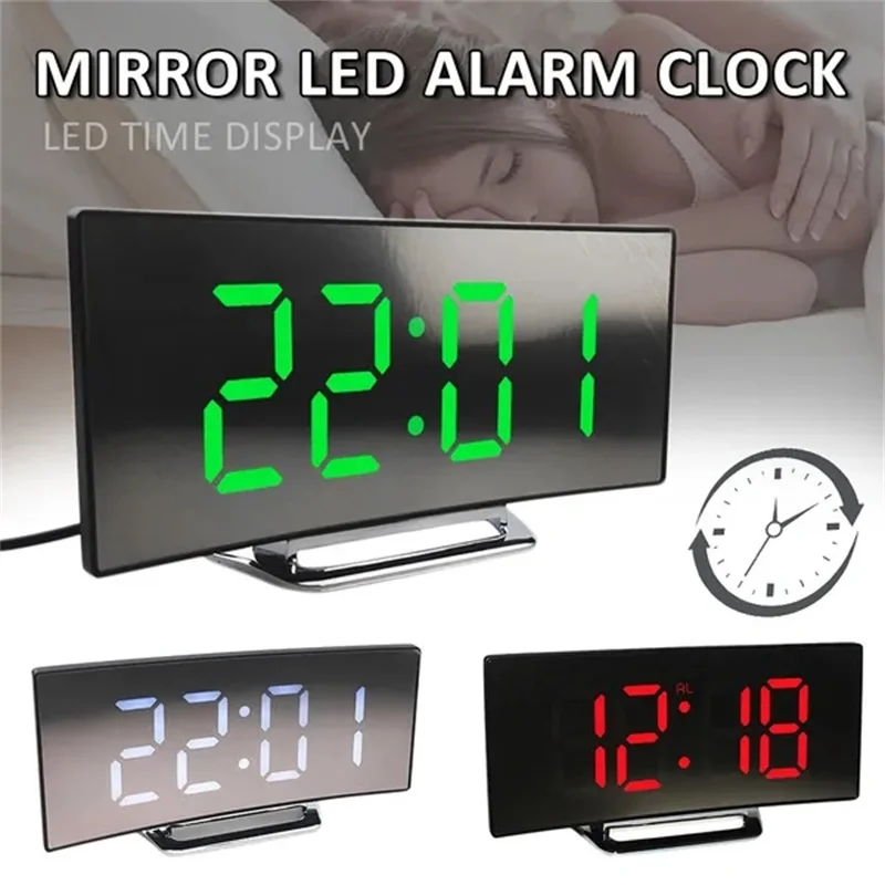 Digital Alarm Clock Curved Flat Large Display LED Mirror for Kid Bedroom Temperature Snooze Function Desk Table Clock Home Decor