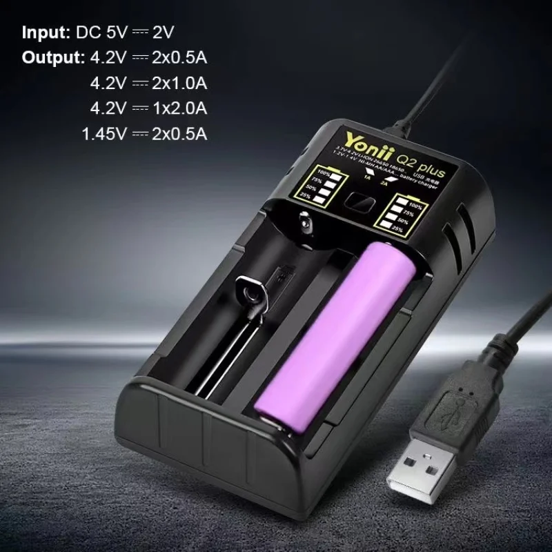 شاحن بطارية Yonii Q2PLUS بفتحتين لـ 3.7VLi-ion 18650 21700 26650 وNi-MH Ni-Cd 1.2V AA، AAA Type-c باور بانك قابل لإعادة الشحن